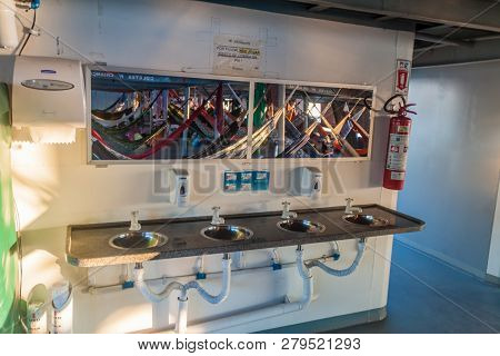 Amazon, Brazil - June 23, 2015: Sinks At The Washroom At The Boat Diamante Which Plies River Amazon 