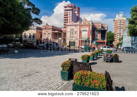 Manaus, Brazil - July 26, 2015: View Of Praca Sao Sebastiao Square In Manaus, Brazil