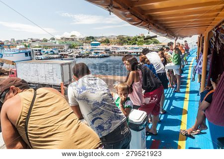 Amazon, Brazil - June 27, 2015: Passengers Aboard The Boat Anna Karoline Ii Which Plies River Amazon