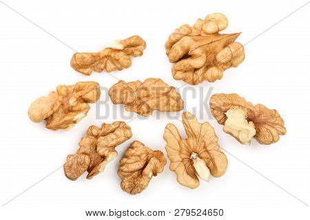 Peelled Walnuts Isolated On White Background. Top View. Flat Lay