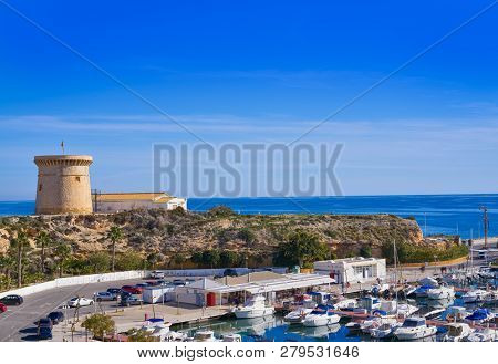 Campello Isleta or illeta Tower and Marina boats in alicante of Spain