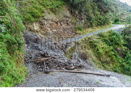 Landslide On The Access Road To National Park Podocarpus In Southern Ecuador