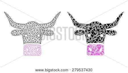 Mesh Vector Beef Head With Flat Mosaic Icon Isolated On A White Background. Abstract Lines, Triangle