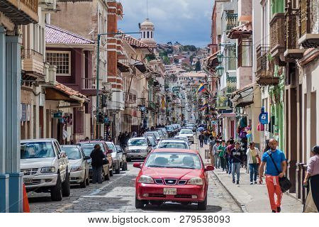 Cuenca, Ecuador - June 19, 2015: Street With Old Colonial Buildings In The Center Of Cuenca, Ecuador