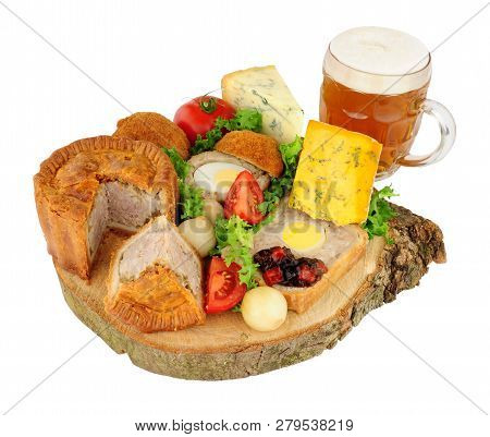 Traditional Ploughman\'s Buffet Lunch Ingredients With A Pint Of Beer Isolated On A White Background