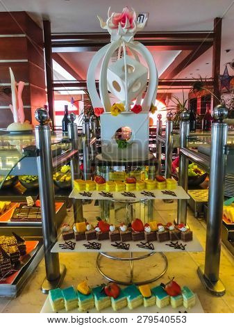 Sharm El Sheikh, Egypt - December 31, 2018: The Sweet Food In The Buffet Restaurant At Xperience Sea
