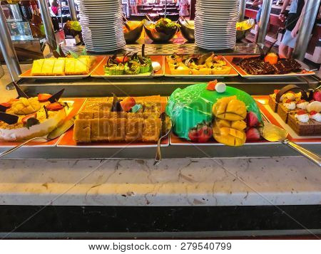 Sharm El Sheikh, Egypt - December 31, 2018: The Sweet Food In The Buffet Restaurant At Xperience Sea