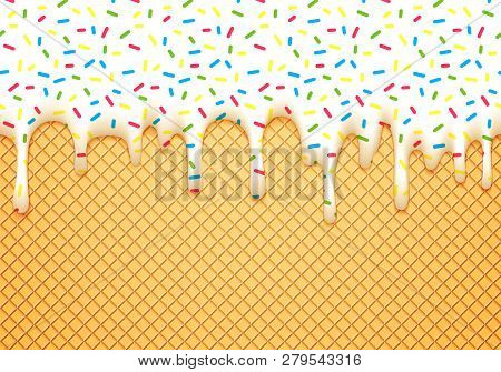Ice Cream Cone Illustration With Dripping White Glaze And Wafer Texture. Abstract Food Background. S