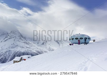 Dombay, Karachay-cherkess Republic, Russia - December 15, 2018: High-altitude Mini-hotel 