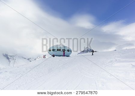 Dombay, Karachay-cherkess Republic, Russia-december 15, 2018: Skiers Resting And Photographed Near T
