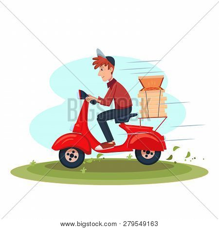 Fast Delivery Food Service By Courier. Young Man Riding Scooter With Pizza. Vector Cartoon Character