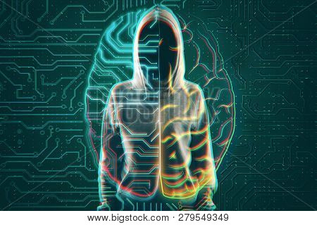 Hacker With Circuit Brain. Ai And Hacking Concept. Double Exposure