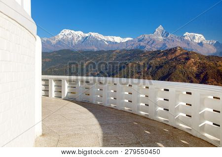 Annapurna View From World Peace Pagoda Or Stupa Near Pokhara Town, Mount Annapurna Range, Nepal Hima