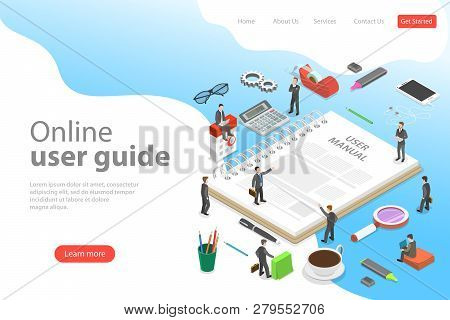 Isometric Flat Vector Landing Page Template Of User Manual, Guide.