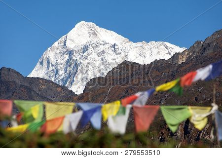 Mount Makalu With Buddhist Prayer Flags, Maklu Barun National Park, Nepal Himalayas Mountains
