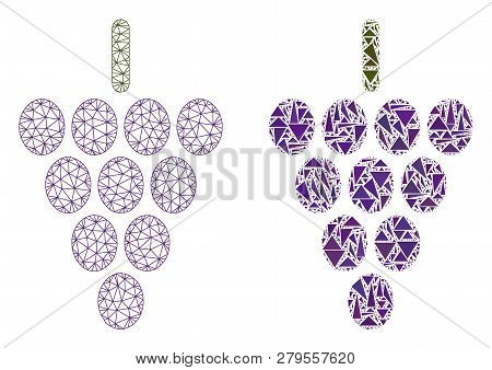 Mesh Vector Grape Berry With Flat Mosaic Icon Isolated On A White Background. Abstract Lines, Triang