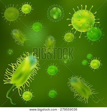 Set Of Viruses And Bacteria Under The Microscope. Uninitiated Cellular Infectious Agent. The Concept
