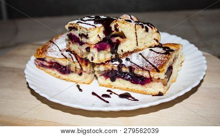 Homemade Crimson Pies On Rustic Background, Top View. Classic Dessert - Organic Pie Made From Raspbe