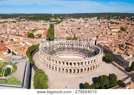 Nimes Arena Aerial Panoramic View. Nimes Is A City In The Occitanie Region Of Southern France