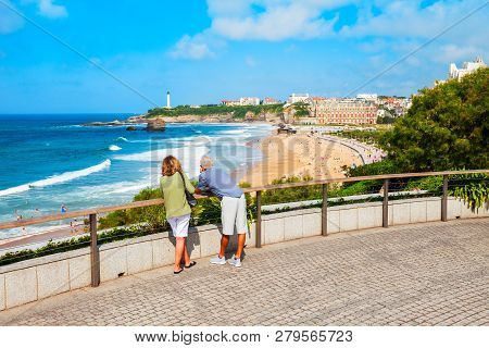 La Grande Plage Aerial View From Viewpoint, A Public Beach In Biarritz City On The Bay Of Biscay On 