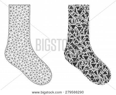 Mesh Vector Sock With Flat Mosaic Icon Isolated On A White Background. Abstract Lines, Triangles, An
