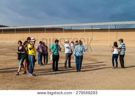 Trujillo, Peru - June 6, 2015: Tourists Visit The Ruins Of Adobe City Chan Chan In Trujillo, Peru