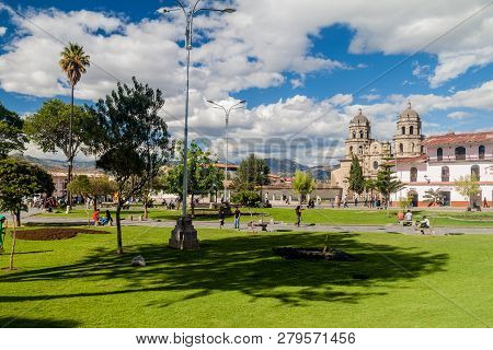 Cajamarca, Peru - June 8, 2015: Plaza De Armas Square With A Cathedral In Cajamarca, Peru.