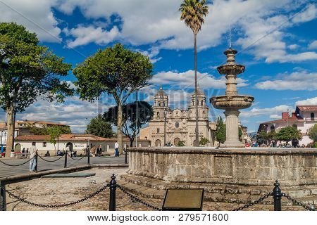 Cajamarca, Peru - June 8, 2015: Plaza De Armas Square With A Cathedral In Cajamarca, Peru.