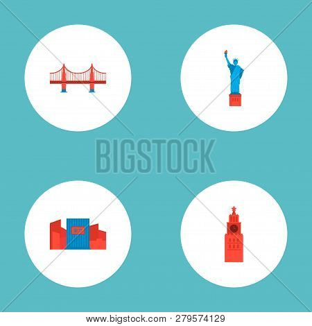 Set Of Monument Icons Flat Style Symbols With Golden Gate, Shibuya, Statue Of Liberty And Other Icon