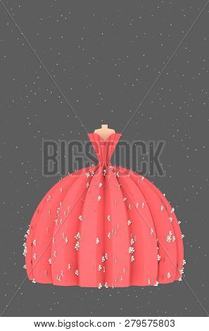 Coral Fluffy Dress On Grey Background 3d Illustration. Concept Of Modeling Luxury Dresses For Specia