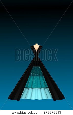 Black Turquoise Fluffy Dress On Dark Background 3d Illustration. Concept Of Modeling Luxury Dresses 