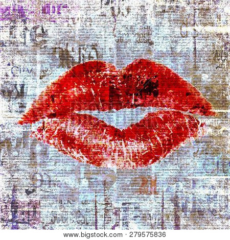 Newspaper With Old Grunge Vintage Unreadable Paper Texture Background And Woman's Lipstick Kiss.