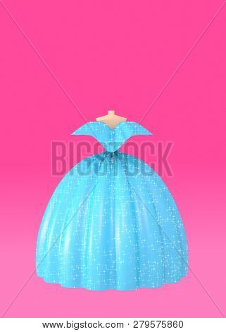 Blue Shiny Fluffy Ball Dress On Pink Background 3d Illustration. Concept Of Modeling Luxury Dresses 