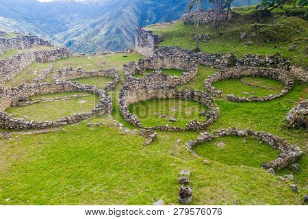 Remnants Of Round Houses In Kuelap, Ruined Citadel City Of Chachapoyas Cloud Forest Culture In Mount