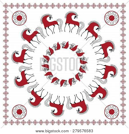 Set With Decorative Elements Of Cosmogonic Traditional Folk Art Of Northern Region Of Russia. Mezens