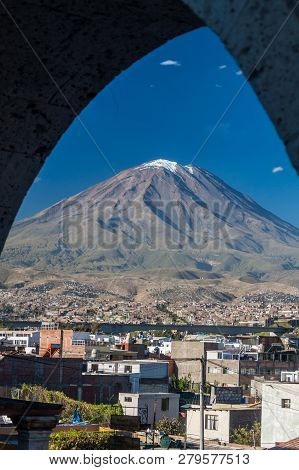 Misti Volcano And Arches At Yanahuara Square In Arequipa, Peru