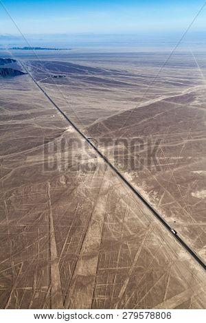 Aerial View Panamericana Highway Crossing The Geoglyphs Near Nazca - Famous Nazca Lines, Peru. On Th