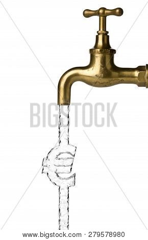 Water Flow From Water Tap Or Faucet Forming Euro Sign Over White Background - Water Cost Or Waste Co