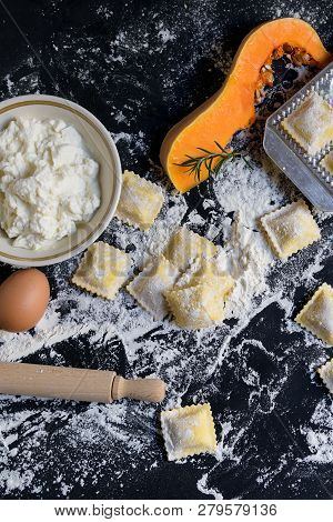 Traditional Raw Ravioli With Pumpkin And Cottage Cheese With Flour, Rosemary, Egg, Handmade, Cooking