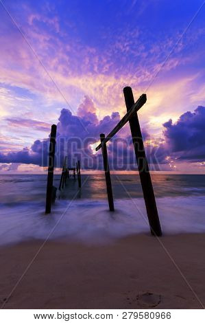 Beautiful Sunset With Old Wooden Bridge At Khao Pilai In Phang- Nga Thailand.