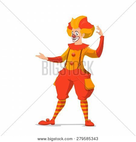 Clown Isolated Icon, Circus Show, Makeup And Fake Nose. Vector Entertainer Or Stage Performer, Comed
