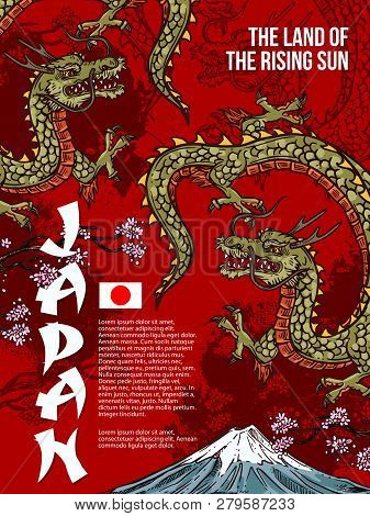 Japanese Three Toed Dragon, Sakura Blossom. Vector Japan Culture, Mythical Creature Or Legendary Bea