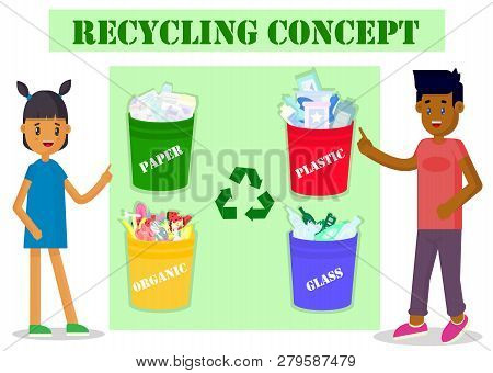 Ecology Concept. Boy And Girl Pointing To Garbage Cans. Environmental Protection And Recycling. Vect
