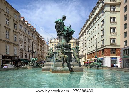 Vienna, Austria - July 7, 2017. Donnerbrunnen Fountain On The Neuer Markt Square In The Inner City O