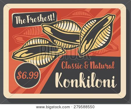 Konkiloni Sort, Italian Pasta, Restaurant Or Shop. Vector Cuisine Of Italy, Pastry Product Of Wheat 