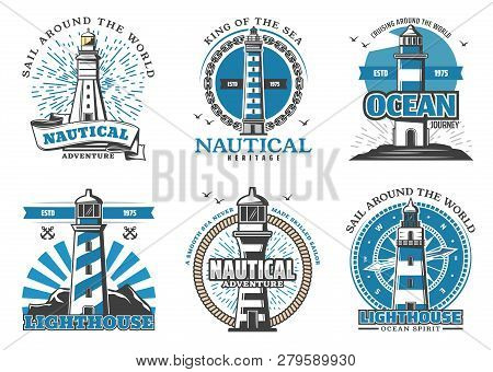 Marine Navigation And Safety In Sea Icons With Lighthouses. Beacon In Shape Of Striped Tower Badge F