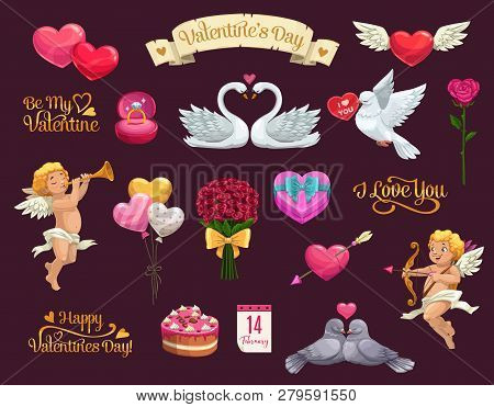 Valentines Day Vector Icons Of Romantic Love Holidays. Hearts, Wedding Gifts And Ribbon Bow, Chocola