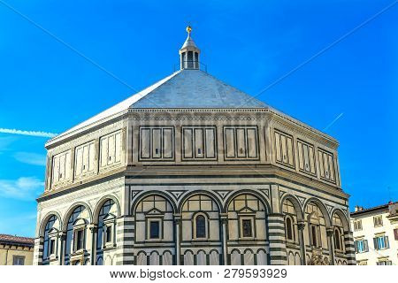 Baptistry Saint John Facade Replicas Ghiberti Bronze Doors Cathedral Church Florence Italy.  Bapistr