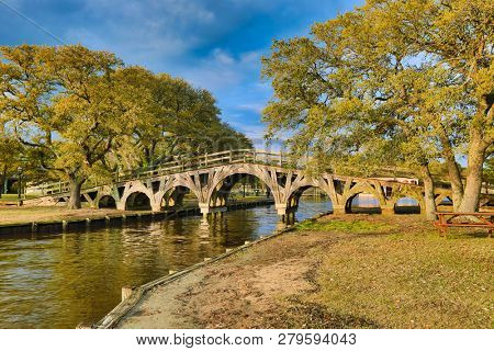 The footbridge in Heritage Park in Corolla on the Outer Banks in North Carolina is a historic landmark.  It connects the walkway to the Whalehead Club.  Currituck is on the sound.