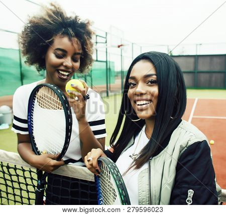 Young Pretty Girlfriends Hanging On Tennis Court, Fashion Stylish Dressed Swag, Best Friends Happy S